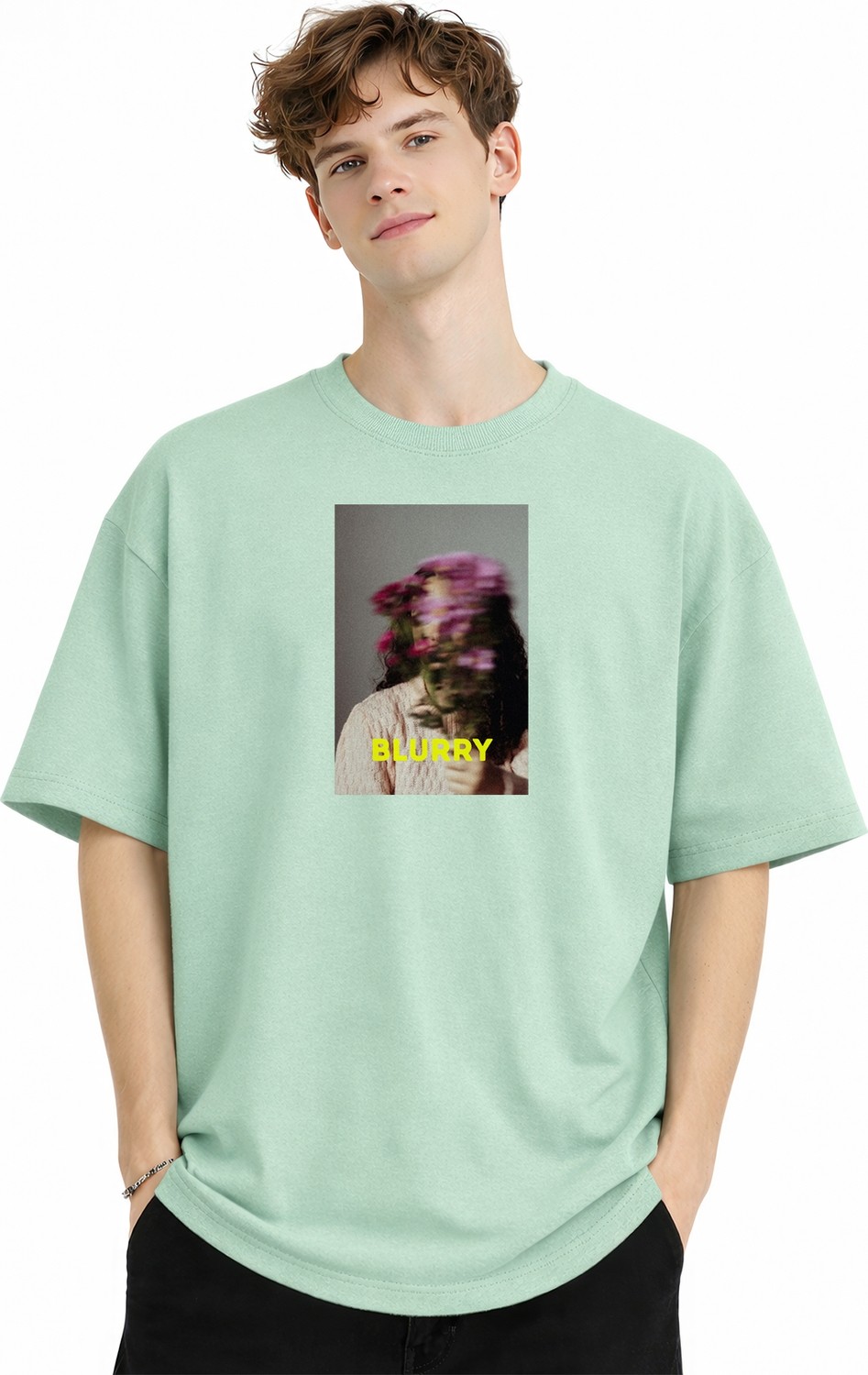 TeknoKapsül Blurry - Oversize Erkek Tişört Su Yesılı