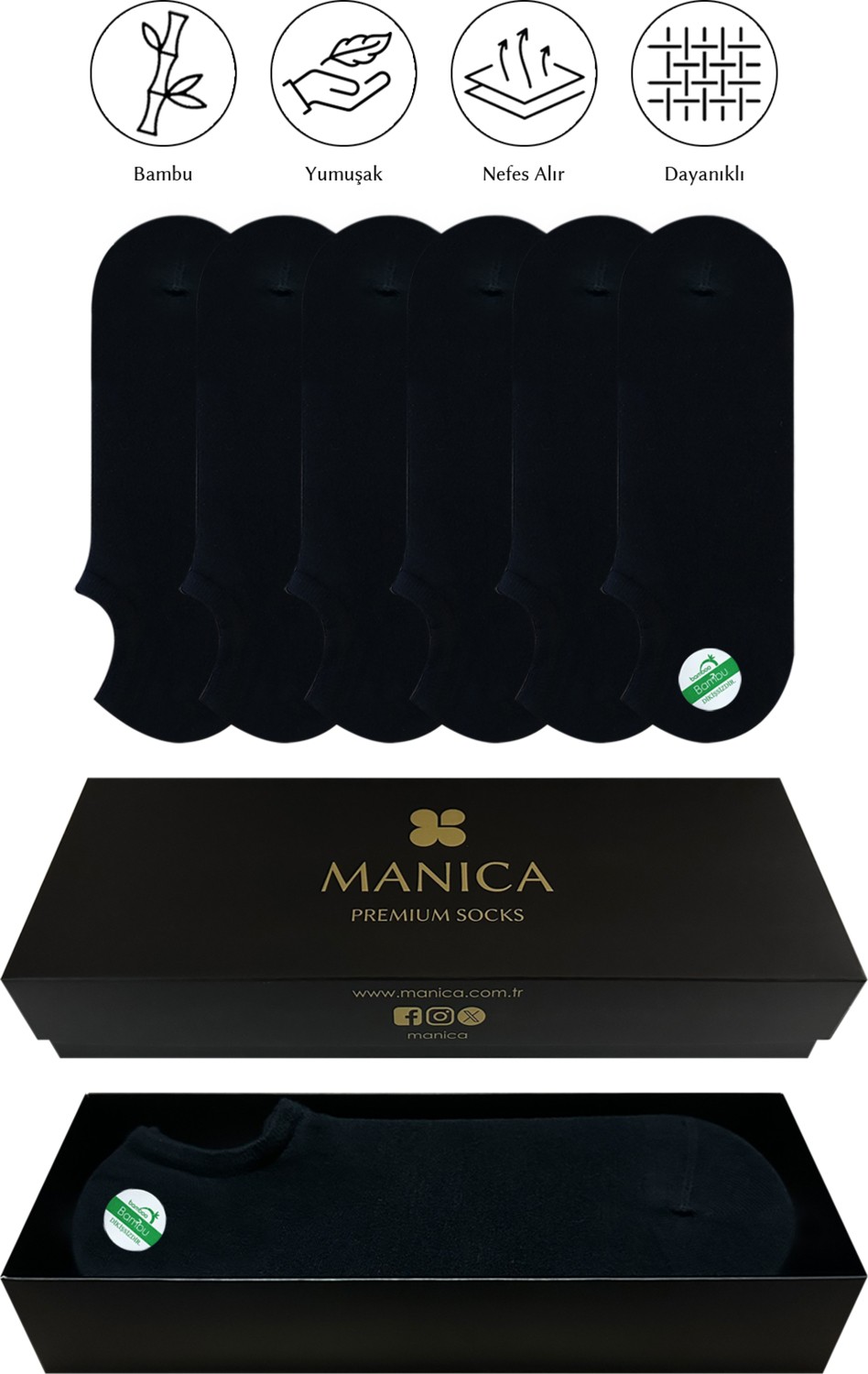 MANICA Erkek Bambu Sneaker Çorap 6 Çift Siyah Yumuşak Nefes Alır Dayanıklı Tasarım