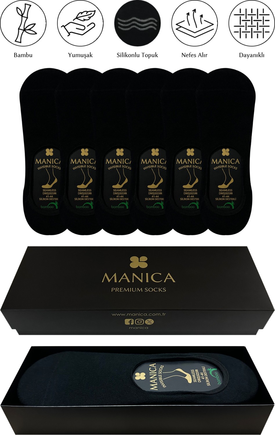 MANICA Erkek Bambu Babet Çorap 6 Çift - Siyah görsel 4
