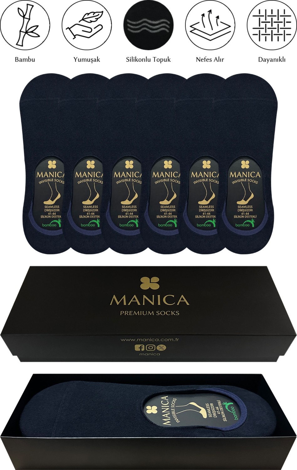 MANICA Erkek Bambu Babet Çorap 6 Çift - Siyah