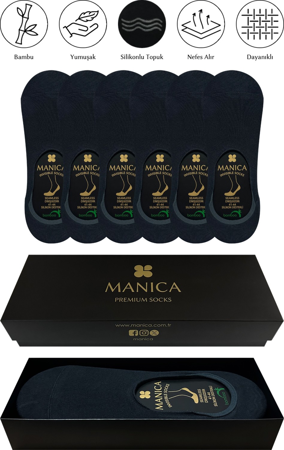 MANICA Erkek Bambu Babet Çorap 6 Çift - Siyah