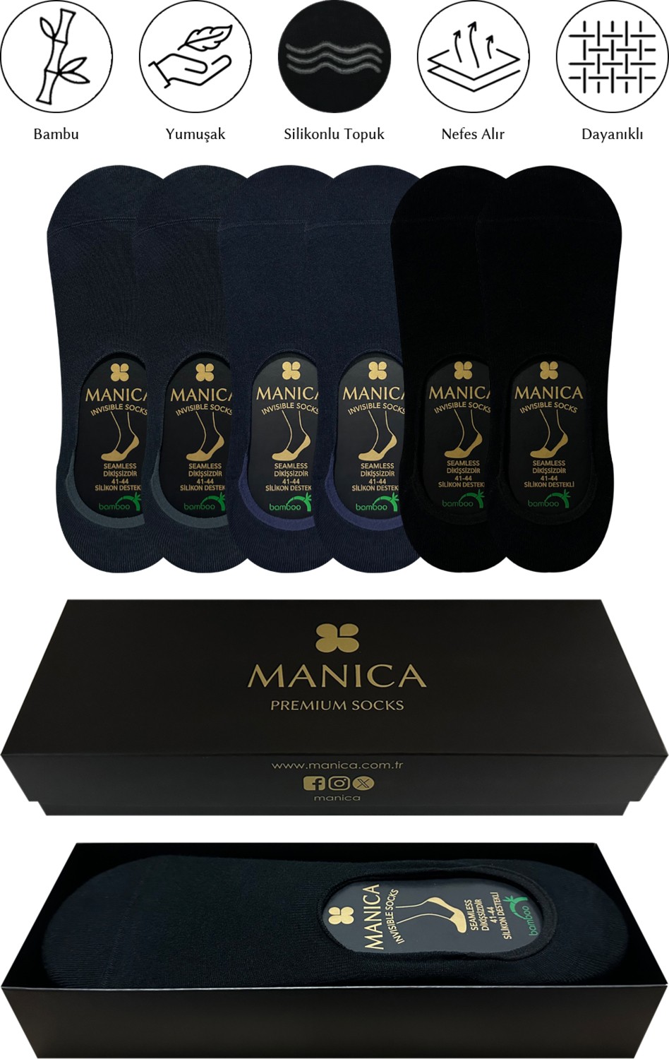 MANICA Erkek Bambu Babet Çorap 6 Çift - Siyah