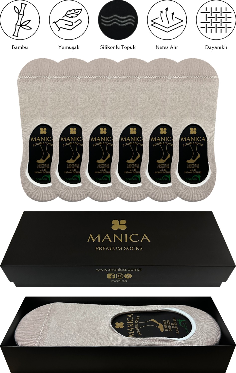 MANICA Erkek Bambu Babet Çorap 6 Çift - Siyah
