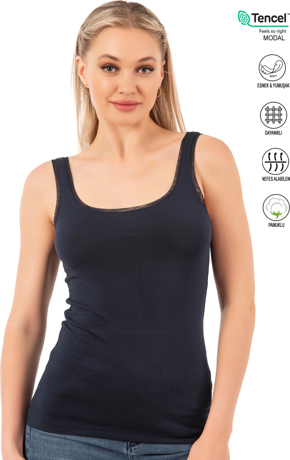 Özkan Underwear Özkan 25493 Kadın Premium Kumaş Modal Pamuklu Likralı Tül Biyeli Kalın Askılı Atlet