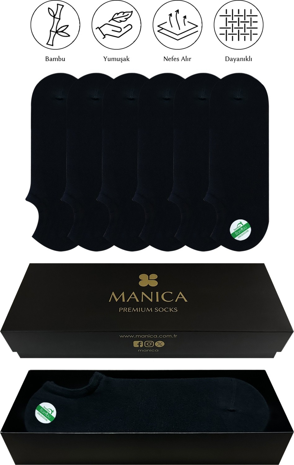 MANICA Erkek Bambu Babet Çorap 6 Çift - Siyah görsel 8