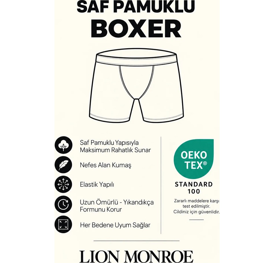 Lion Monroe Erkek Premium Saf Pamuklu Siyah 5'li Esnek Boxer Paketi Hediye Kutulu - QUİTE BLACK görsel 6