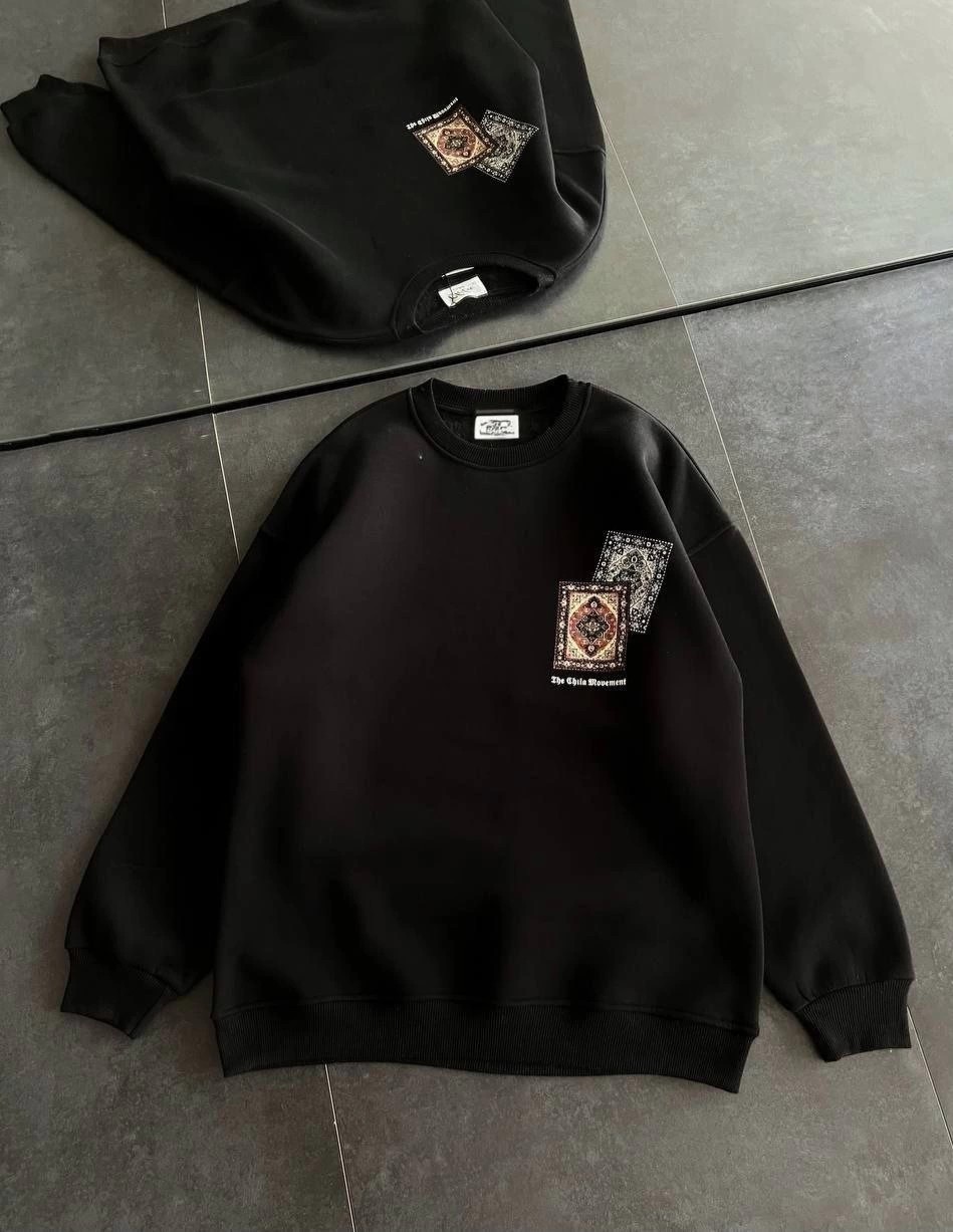 Tarz Yeri Kadın Bisiklet Yaka Kilim Halı Baskılı 3 Iplik Pamuklu Sweatshirt - Siyah