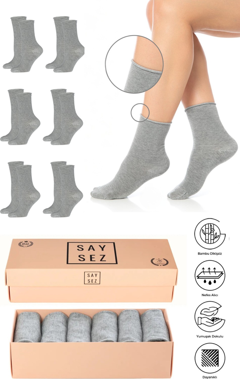 Saysez Bambu Kadın Lastiksiz Beyaz Soket Dikişsiz Premium Çorap Kutulu 6'lı / Iz Bırakmaz / Sıkmayan Çorap görsel 6