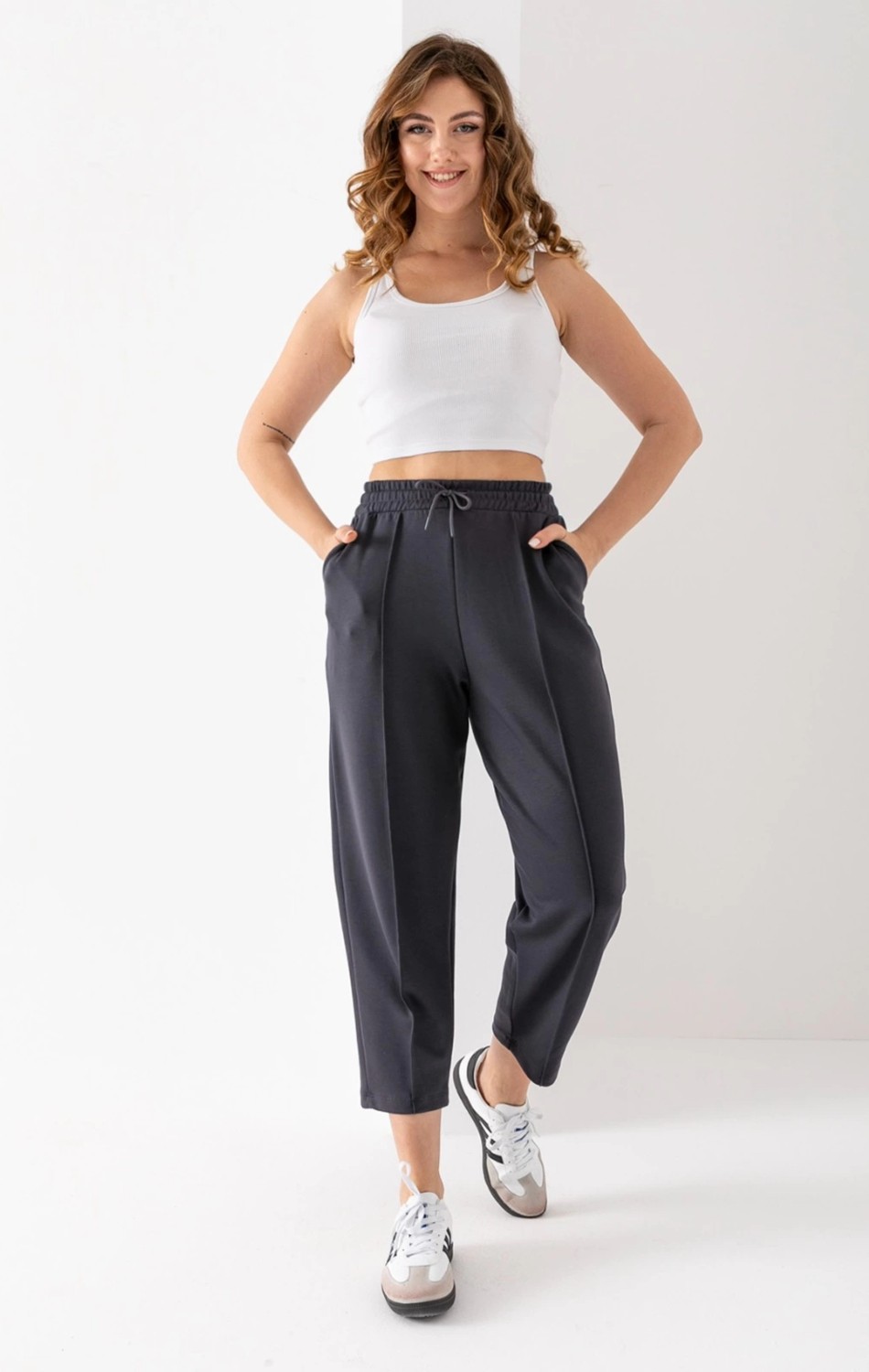 PHANTOM JEANS Kadın Füme Beli Lastikli Modal Kumaş Çımalı Bilek Pantolon Yumuşak Dokulu Şık Bağcıklı Pantolon