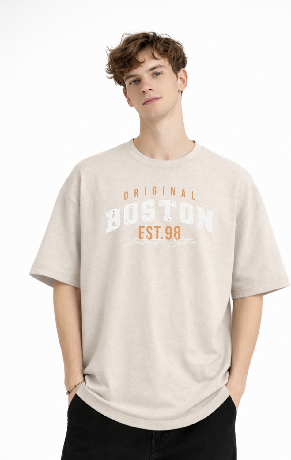 TeknoKapsül Boston - Baskılı Oversize Tişört Bej
