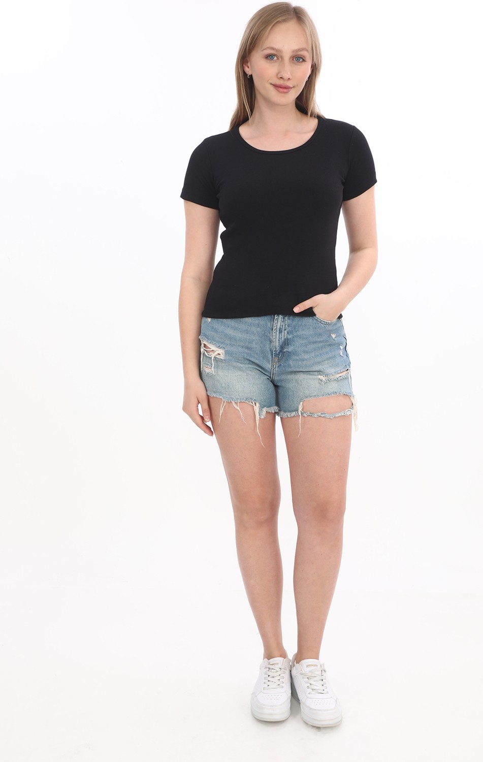 Monox Kadın Fitilli Likralı Pamuk Basic Tshirt