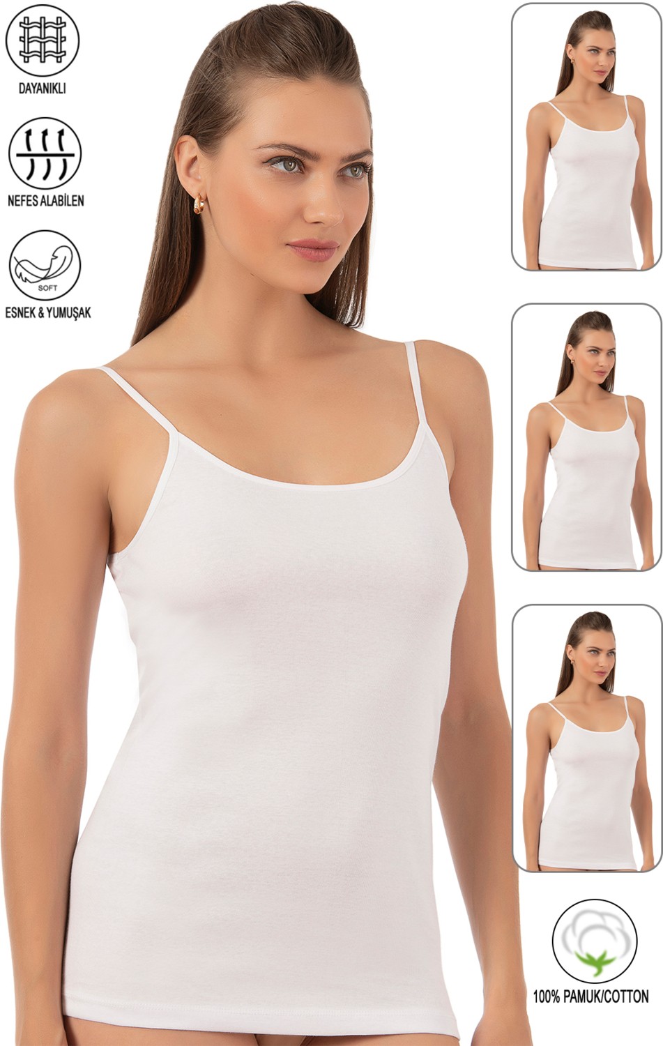 Özkan Underwear Özkan 0107 3'lü Paket Kadın %100 Pamuklu Ribana Esnek Rahat İp Askılı Örme Atlet görsel 7