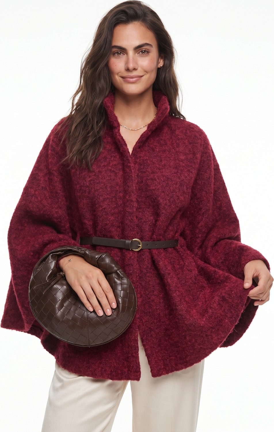 Onloox Bordo Buklet Kumaş Kemerli Araboy Kaşe Dokulu Geniş Kesim Poncho