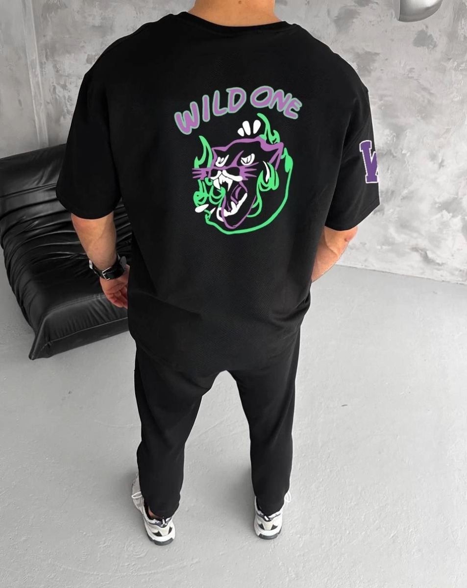 Fantastik Store Erkek Kısa Kol Tişört Bisiklet Yaka W Wildone Baskılı T-Shirt - Siyah görsel 2