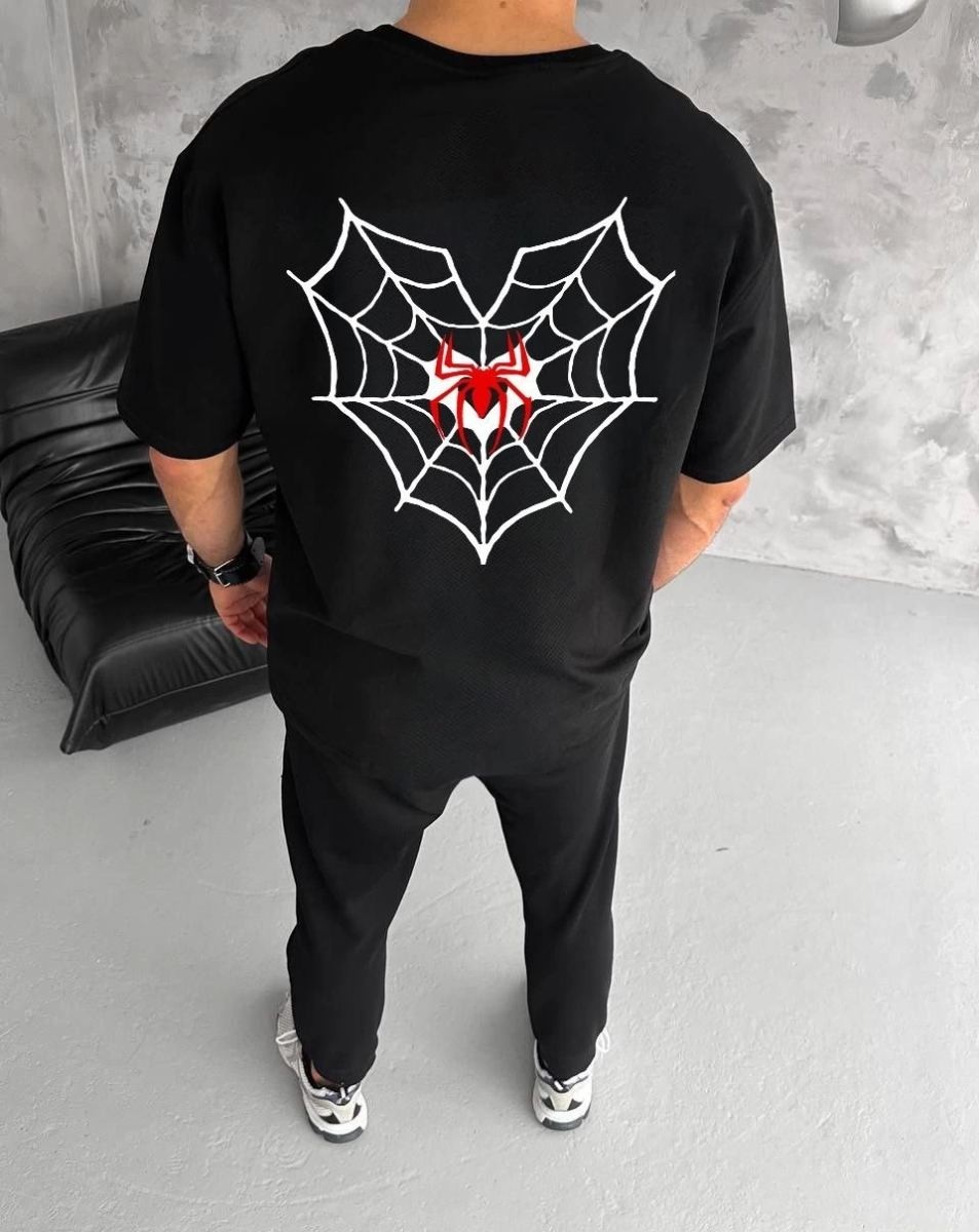 Fantastik Store Erkek Kısa Kol Tişört Bisiklet Yaka Örümcek Baskılı Oversize T-Shirt - Siyah görsel 2