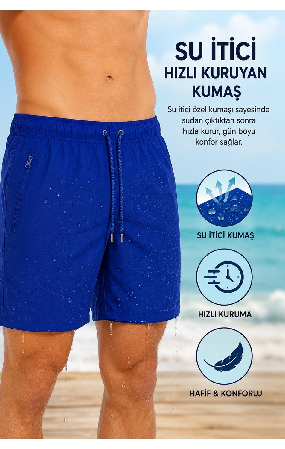 Miami Beach Siyah Uzun Düz Basic Model Su Itici Özellikli Esnek Kumaş Erkek Plaj Deniz Şort Mayo // 2205-SIYAH görsel 2