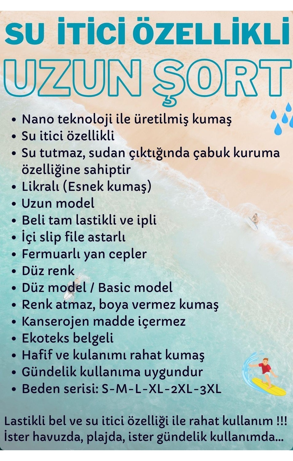 Miami Beach Siyah Uzun Düz Basic Model Su Itici Özellikli Esnek Kumaş Erkek Plaj Deniz Şort Mayo // 2205-SIYAH görsel 6