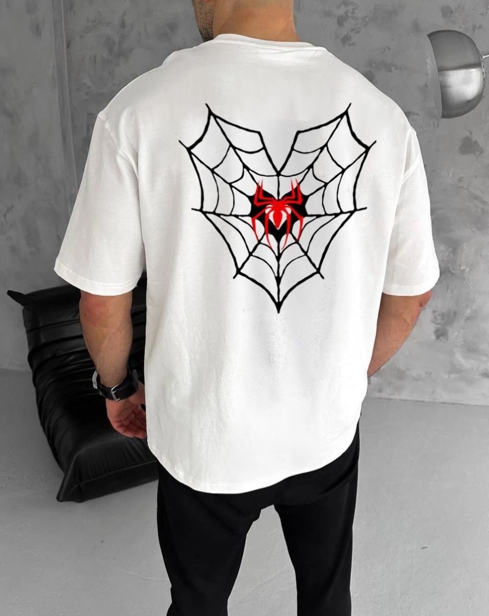 Fantastik Store Erkek Kısa Kol Tişört Bisiklet Yaka Örümcek Baskılı Oversize T-Shirt - Beyaz görsel 2