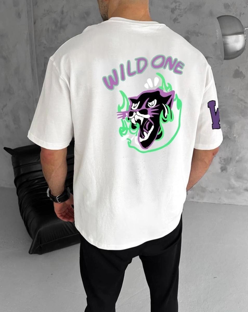 Fantastik Store Erkek Kısa Kol Tişört Bisiklet Yaka W Wildone Baskılı T-Shirt - Beyaz görsel 2