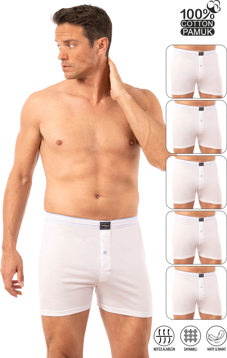 Özkan Underwear Özkan 0041 5'li Paket Erkek %100 Pamuklu Şardonlu Klasik Rahat Kesim Havlu Bel Süprem Penye Boxer