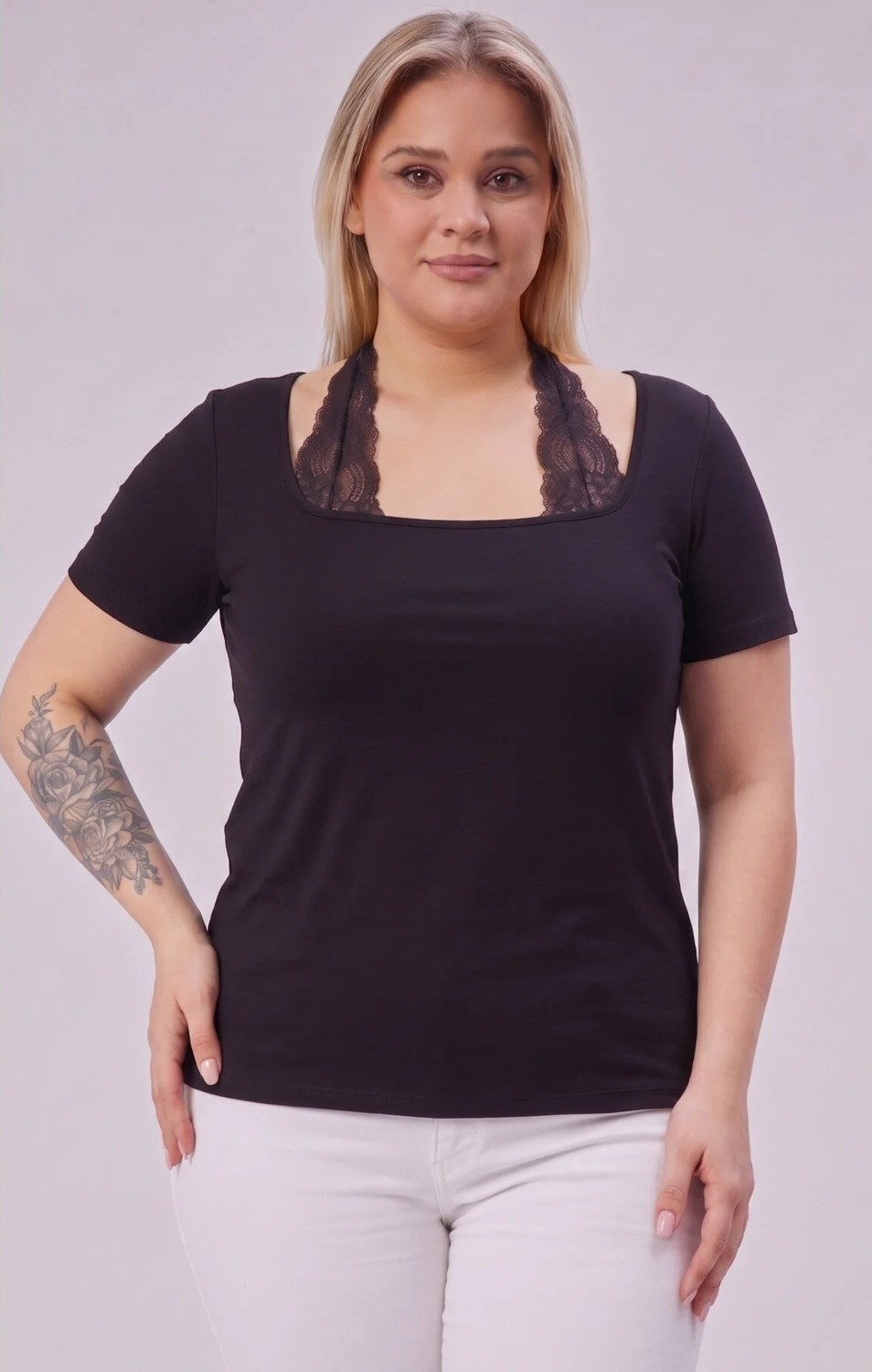 Curvy Trend Büyük Beden Dantel Bağlamalı Kısa Kol Bluz görsel 2