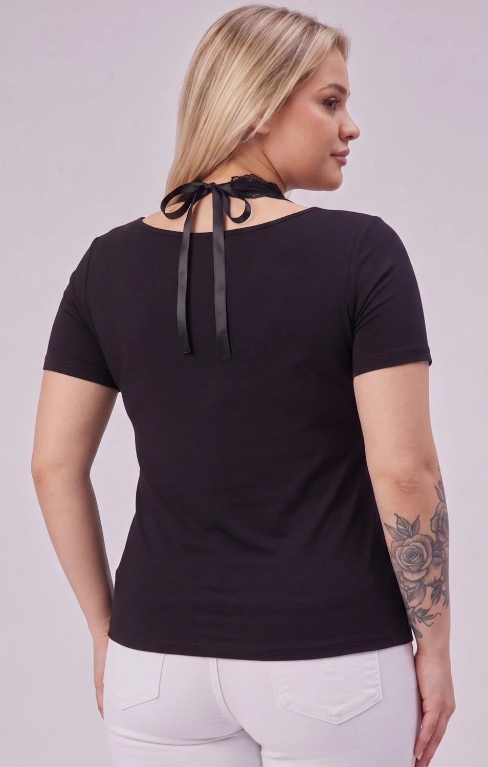 Curvy Trend Büyük Beden Dantel Bağlamalı Kısa Kol Bluz görsel 3