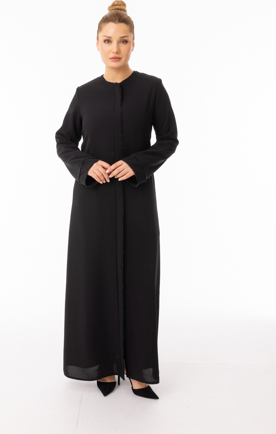 Zerenay Moda 5618 Kol Ucu ve Önden Taş Işleme Detaylı Cepli Krep Kumaş Ferace #26#