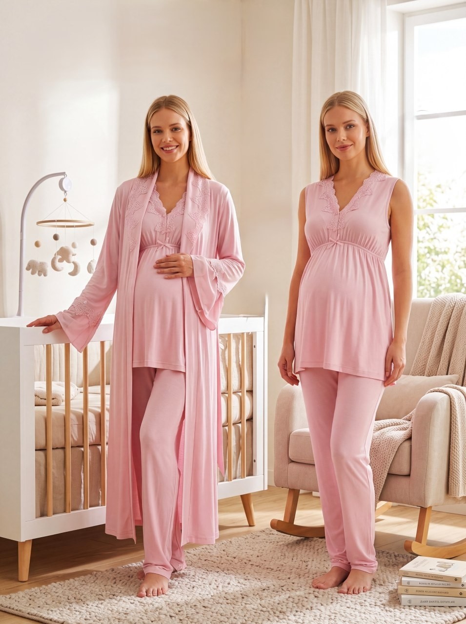raia Yeni Sezon Pembe Şal Yaka Dantel Detaylı Yazlık Özel Tasarım Emzirme Özellikli %100 Pamuk Hamile Lohusa Sabahlık Pijama Takımı Seti görsel 5