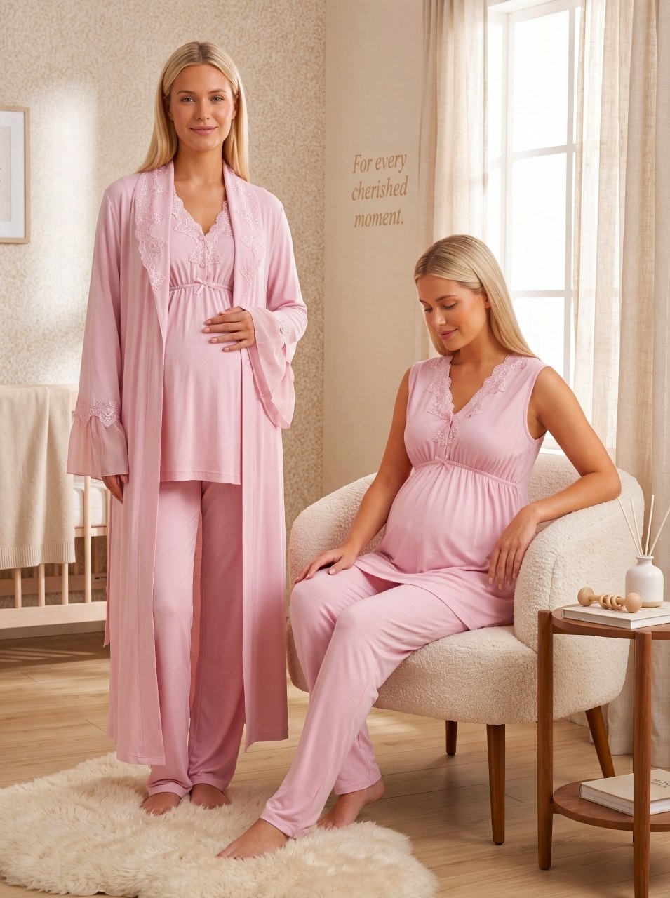 raia Yeni Sezon Pembe Şal Yaka Dantel Detaylı Yazlık Özel Tasarım Emzirme Özellikli %100 Pamuk Hamile Lohusa Sabahlık Pijama Takımı Seti görsel 6