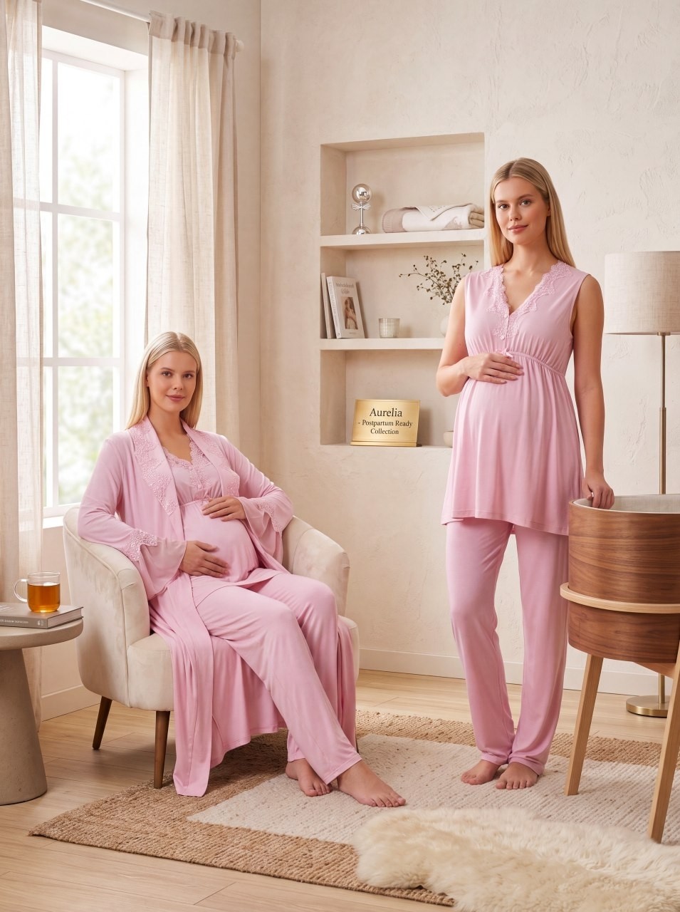 raia Yeni Sezon Pembe Şal Yaka Dantel Detaylı Yazlık Özel Tasarım Emzirme Özellikli %100 Pamuk Hamile Lohusa Sabahlık Pijama Takımı Seti görsel 7