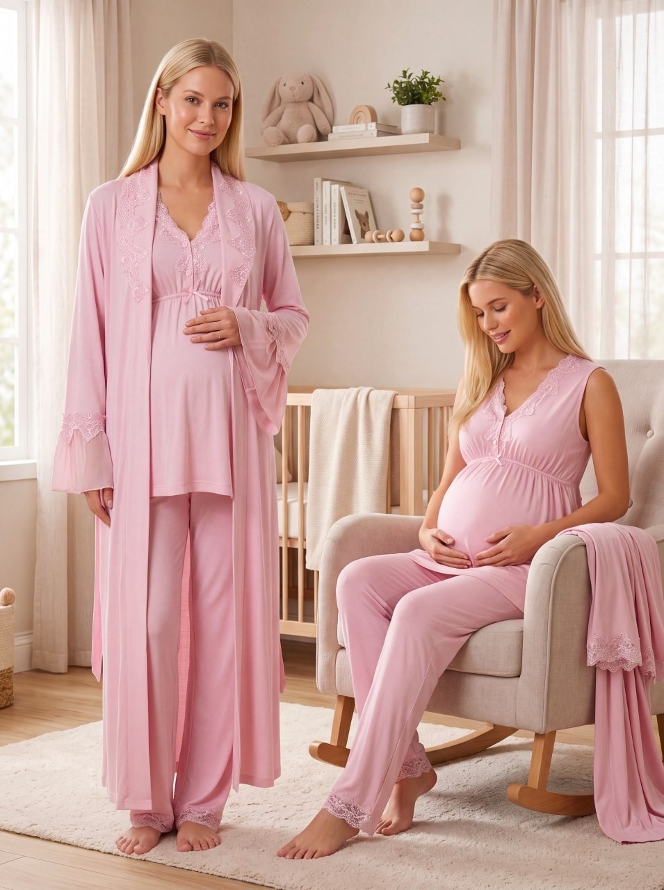 raia Yeni Sezon Pembe Şal Yaka Dantel Detaylı Yazlık Özel Tasarım Emzirme Özellikli %100 Pamuk Hamile Lohusa Sabahlık Pijama Takımı Seti görsel 8
