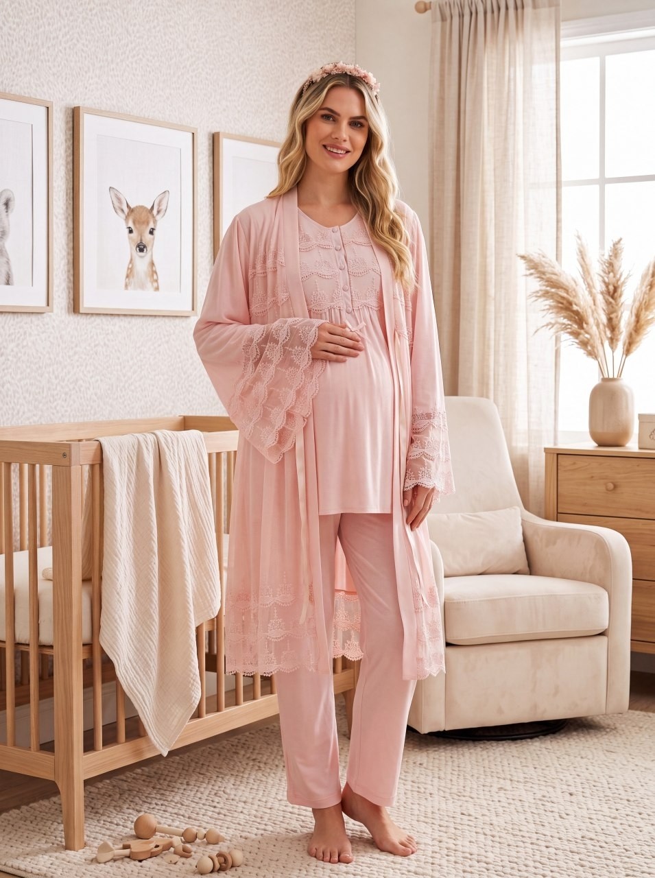 raia Yeni Sezon Pembe Şık Dantel Detaylı Düğmeli Tasarım Kısa Kollu Hamile Lohusa Sabahlık Pijama Takımı Seti görsel 3