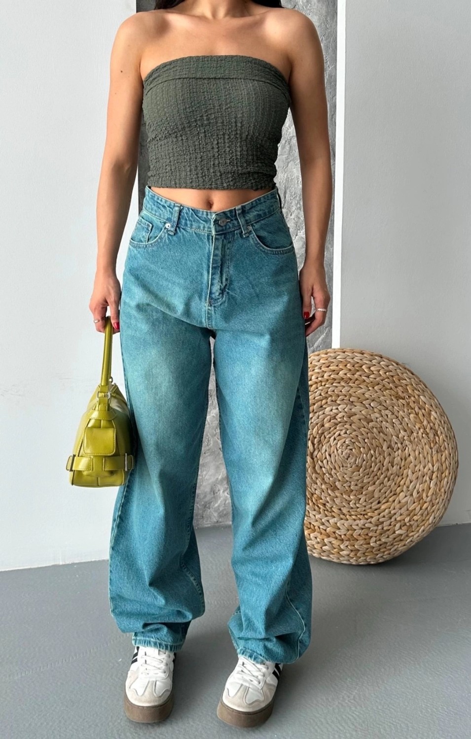OEY Fashions Baggy Taş Enzim Bıyık Yıkama Jeans Pantolon Yeşil Tint D2007 görsel 4