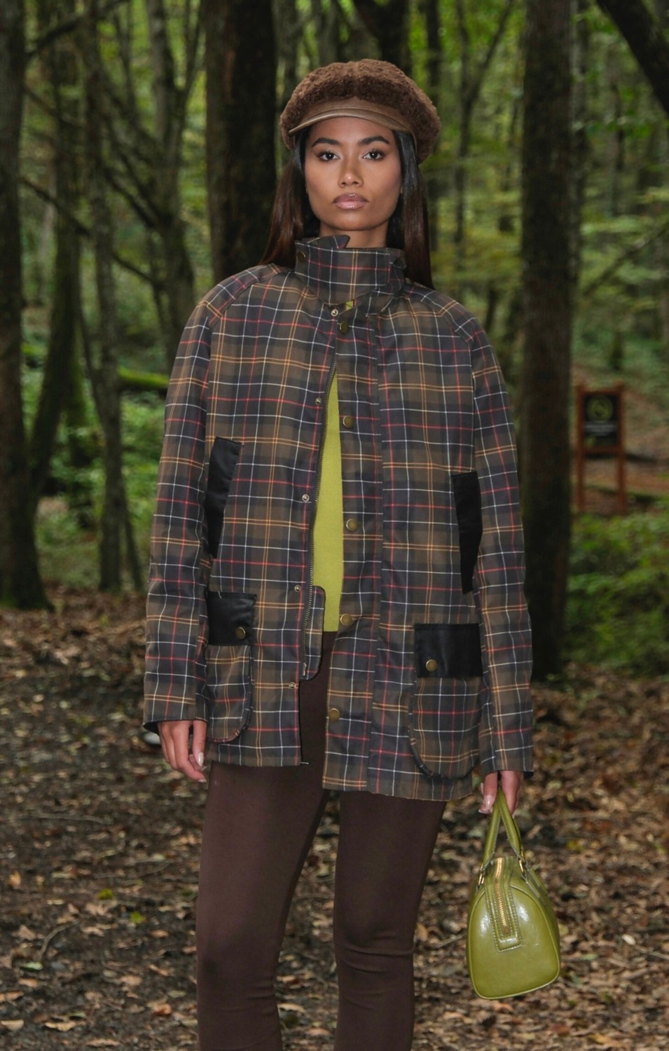 Hope And Me -Kahverengi Oversize Gabardin Ekose Desenli Astarlı Fermuarlı Parka