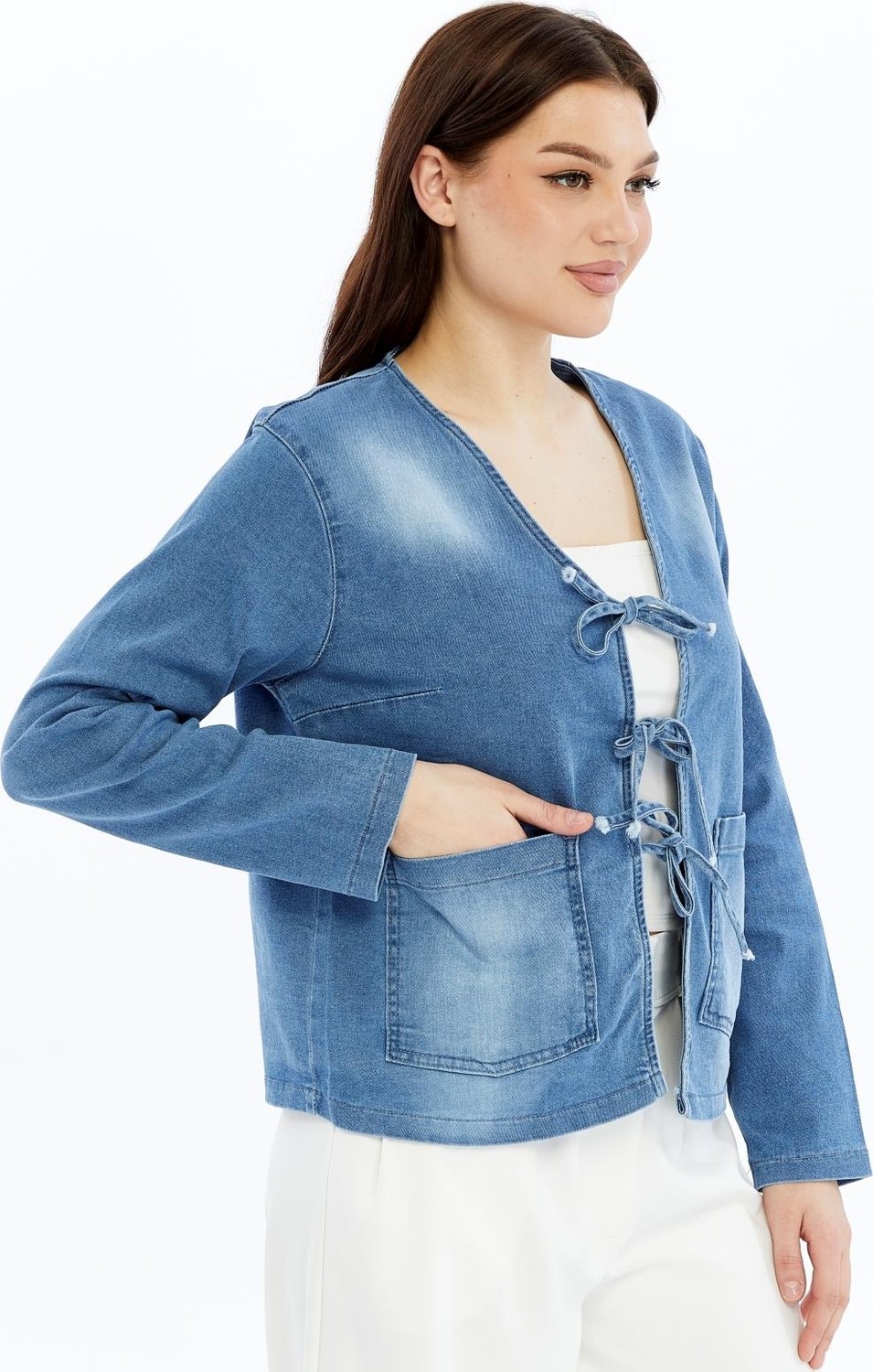 Select Moda Kadın Denim V Yaka Önden Cepli Bağlama Detaylı Ceket/hırka görsel 6