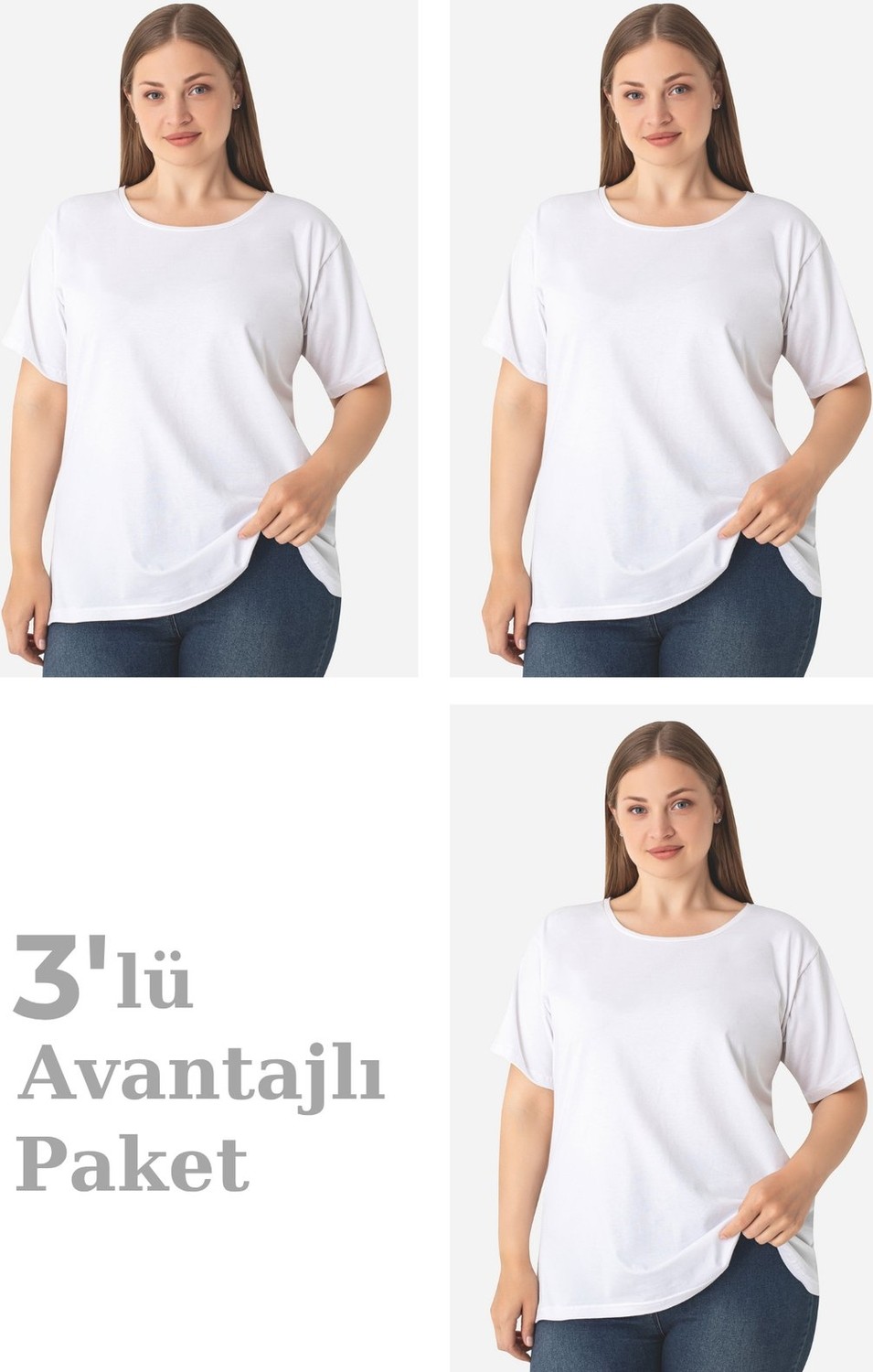 Arma Yıldız Kadın Büyük Beden Pamuklu Basic Kısa Kollu Bisiklet Yaka Tişört Beyaz 3'lü Paket görsel 6