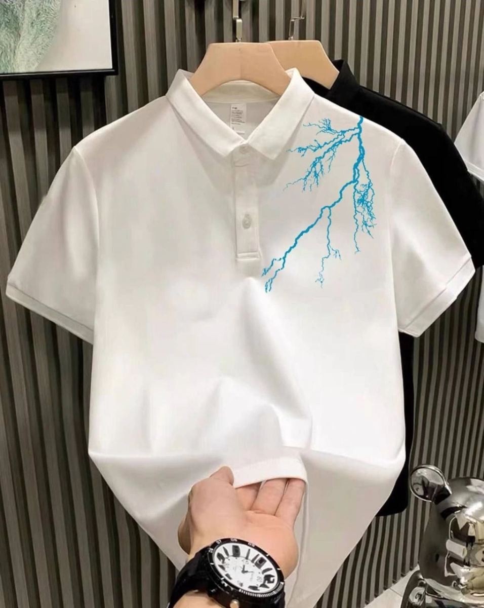 Fantastik Store Erkek Polo Yaka Tişört Düğmeli Pike Yıldırım Baskılı T-Shirt - Beyaz