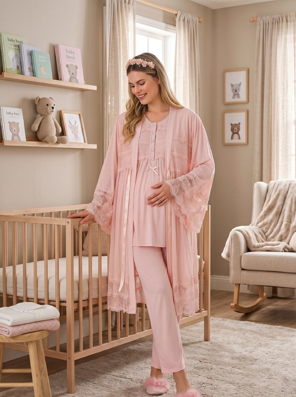 raia Yeni Sezon Pembe Şık Dantel Detaylı Düğmeli Tasarım Kısa Kollu Hamile Lohusa Sabahlık Pijama Takımı Seti görsel 2