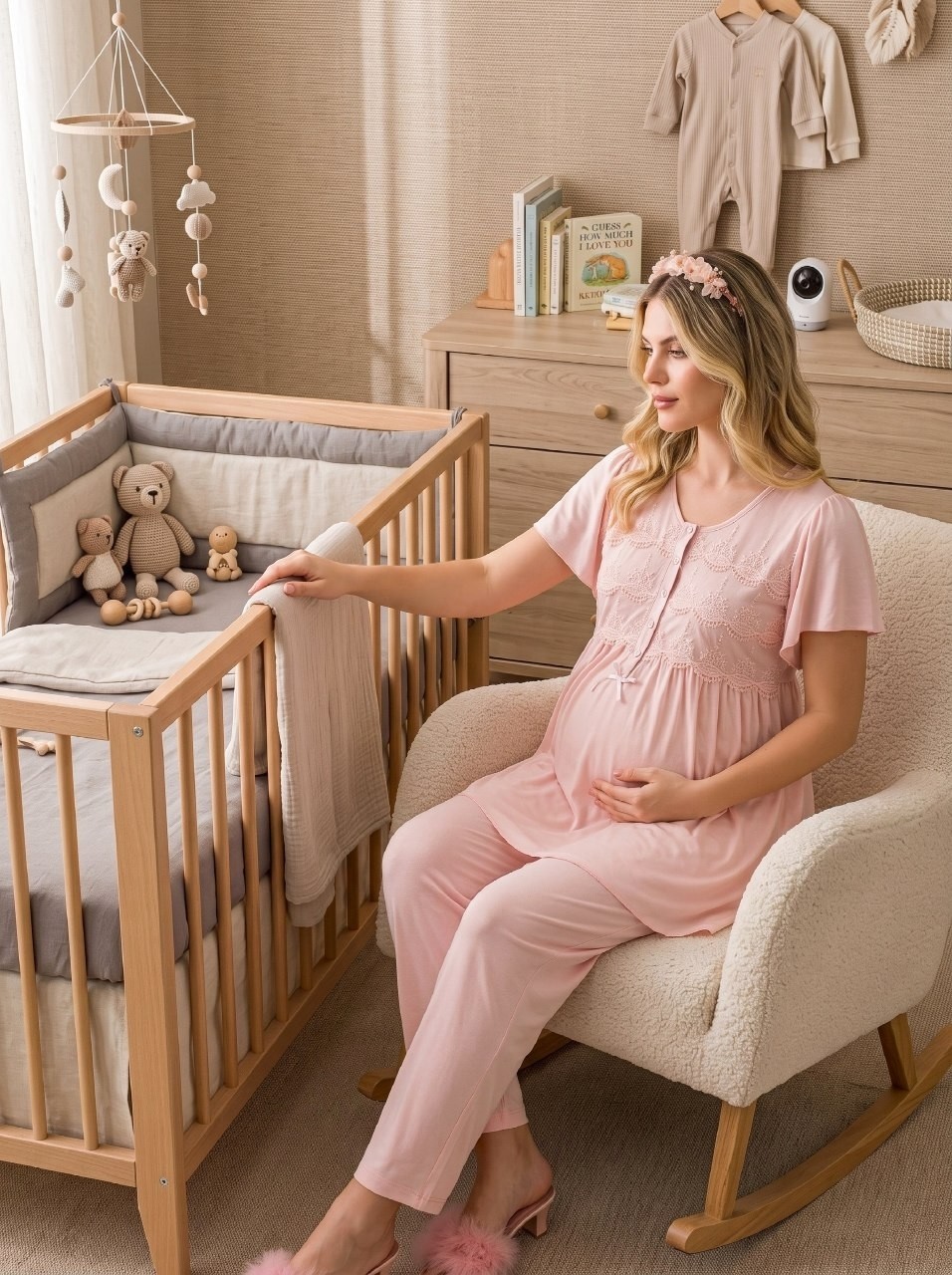 raia Yeni Sezon Pembe Şık Dantel Detaylı Düğmeli Tasarım Kısa Kollu Hamile Lohusa Sabahlık Pijama Takımı Seti görsel 4