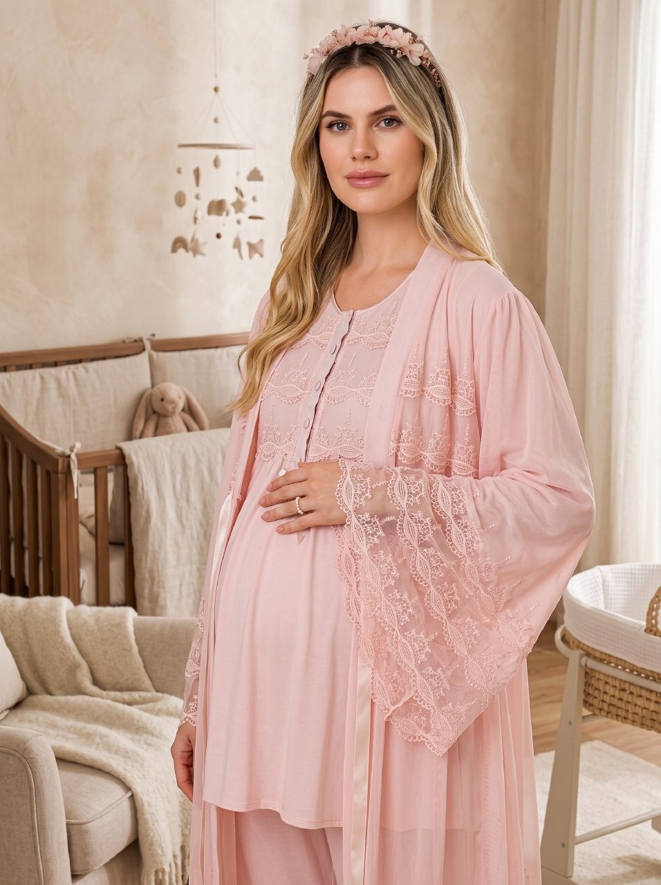 raia Yeni Sezon Pembe Şık Dantel Detaylı Düğmeli Tasarım Kısa Kollu Hamile Lohusa Sabahlık Pijama Takımı Seti görsel 5