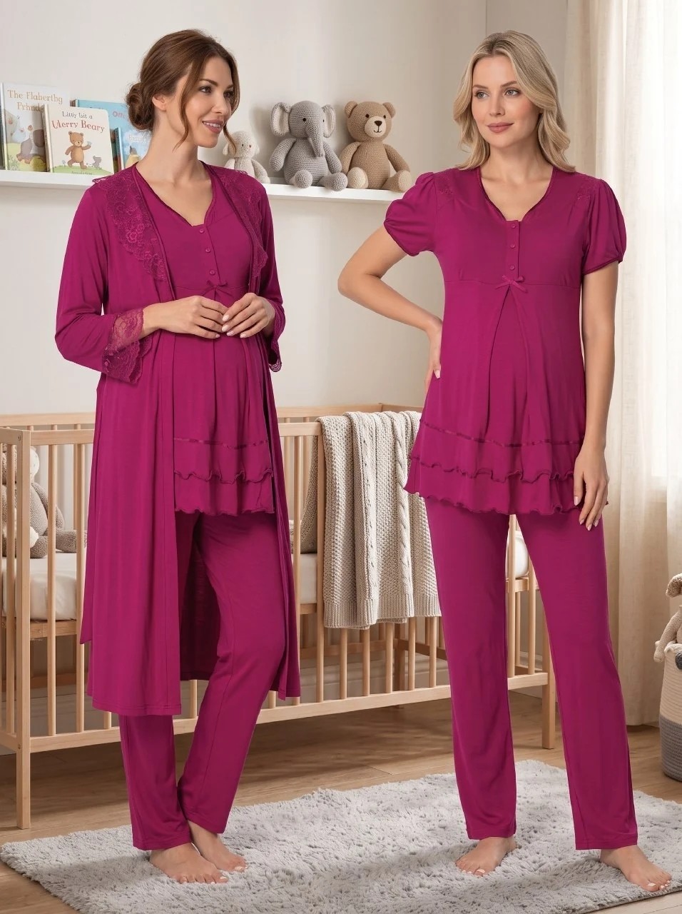 raia Pembe Kısa Kollu Lohusa Hamile Sabahlıklı Pijama Takımı görsel 8