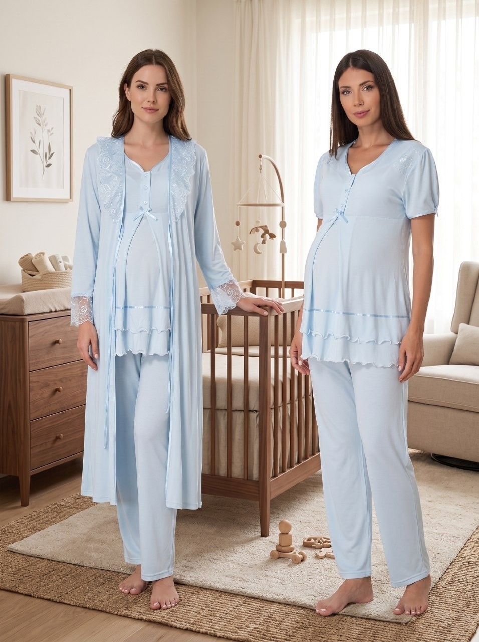 raia Pembe Kısa Kollu Lohusa Hamile Sabahlıklı Pijama Takımı