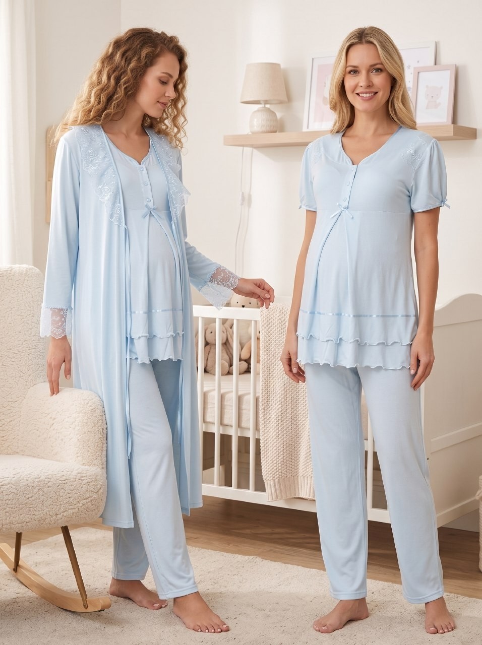 raia Pembe Kısa Kollu Lohusa Hamile Sabahlıklı Pijama Takımı görsel 2