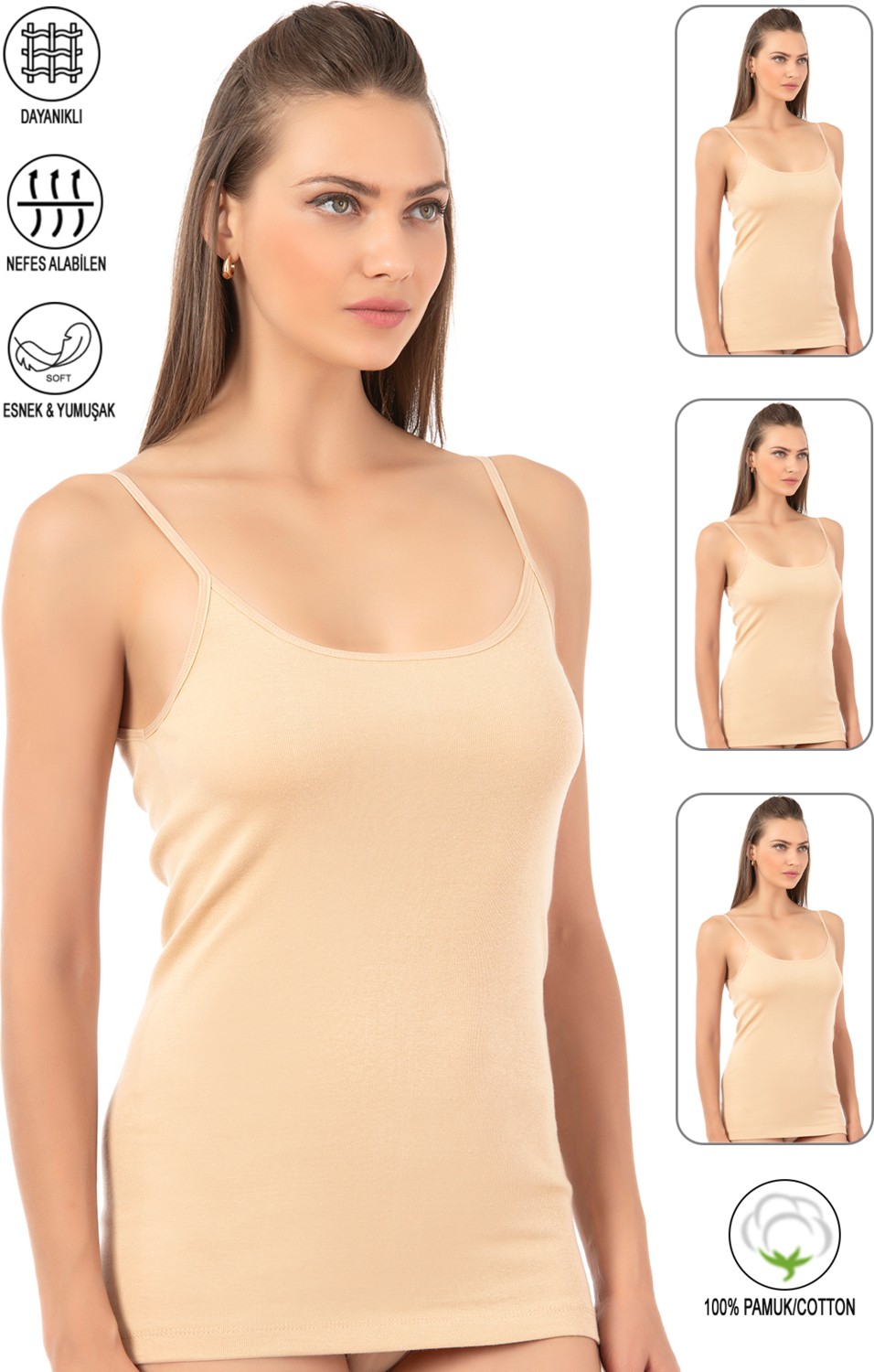 Özkan Underwear Özkan 0107 3'lü Paket Kadın %100 Pamuklu Ribana Esnek Rahat İp Askılı Örme Atlet