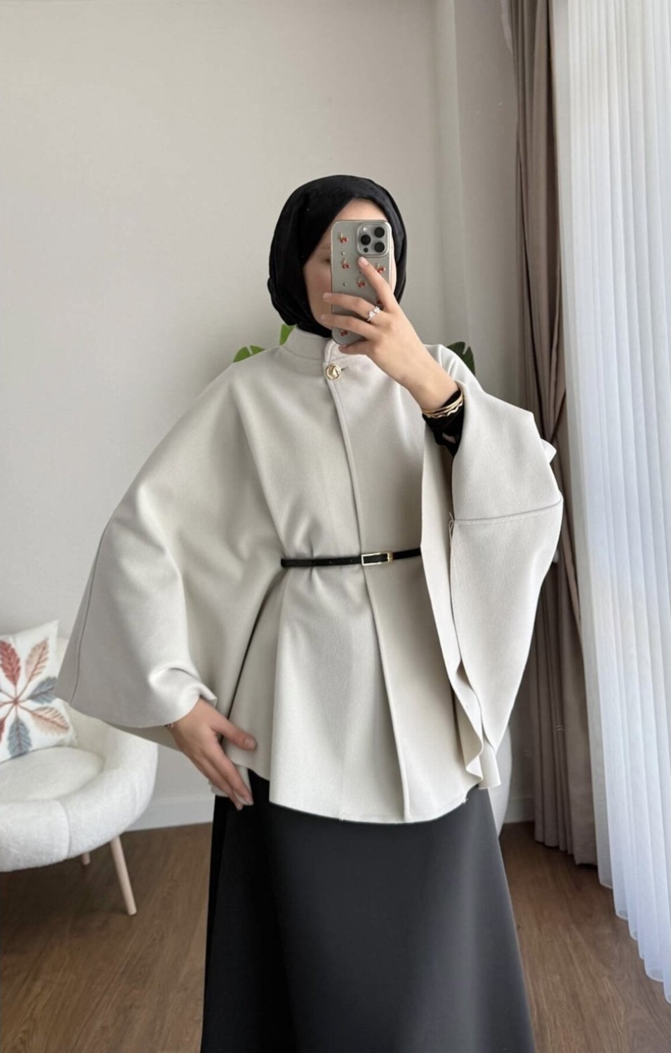 Miraydin Butik Kadın Yeni Sezon Oversize Kemerli Kaşe Panço M25131 - Bej