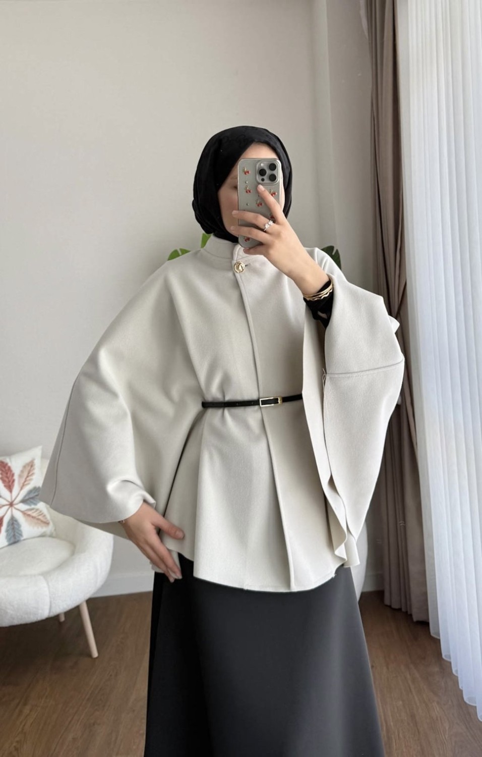 RFK Butik Kadın Oversize Kemerli Kaşe Panço - Gri görsel 4