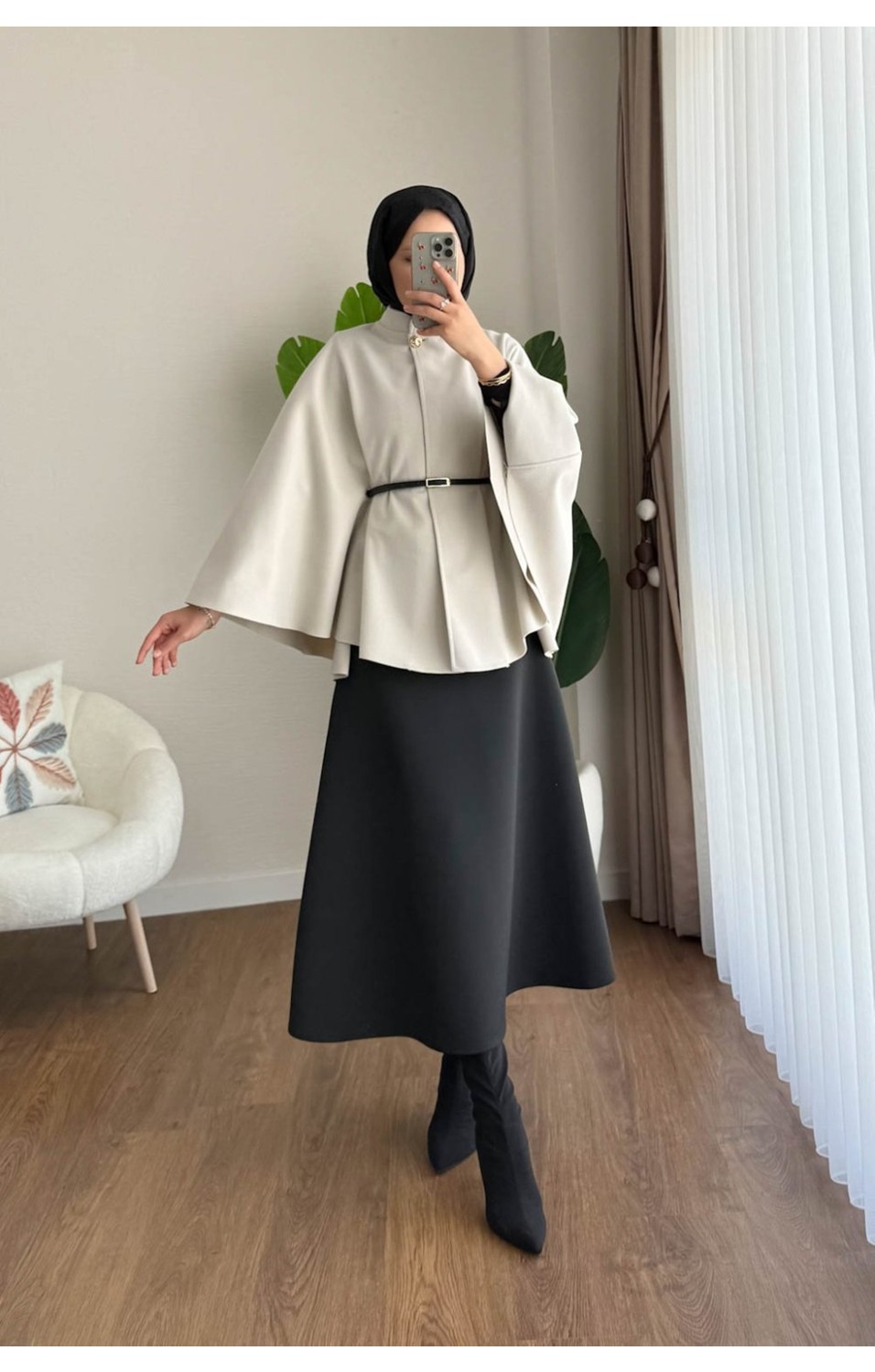 RFK Butik Kadın Oversize Kemerli Kaşe Panço - Gri görsel 5