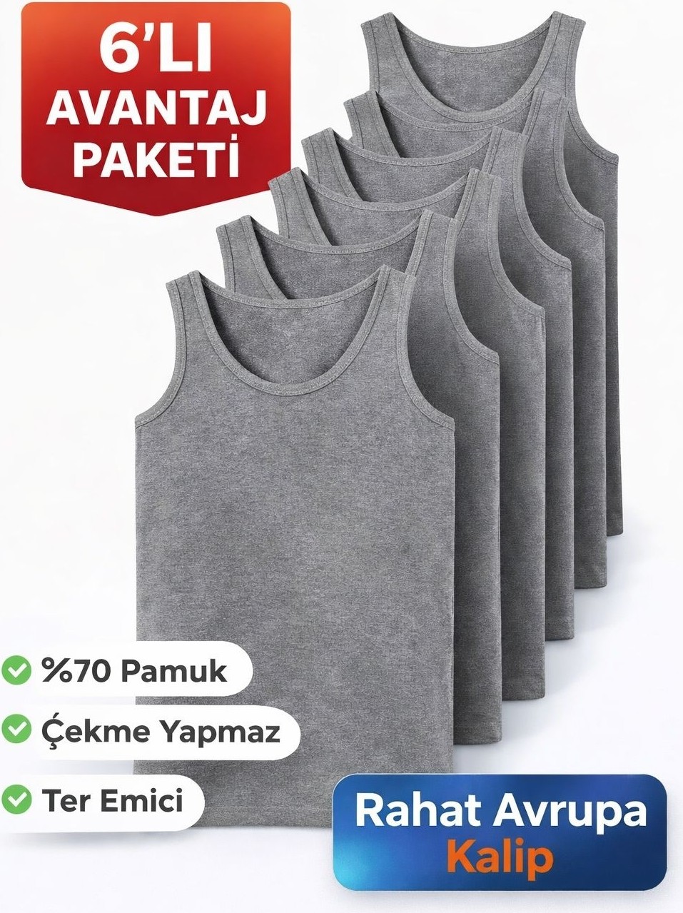 Gizem İç Giyim Gri Erkek Atlet 6'lı Paket görsel 8
