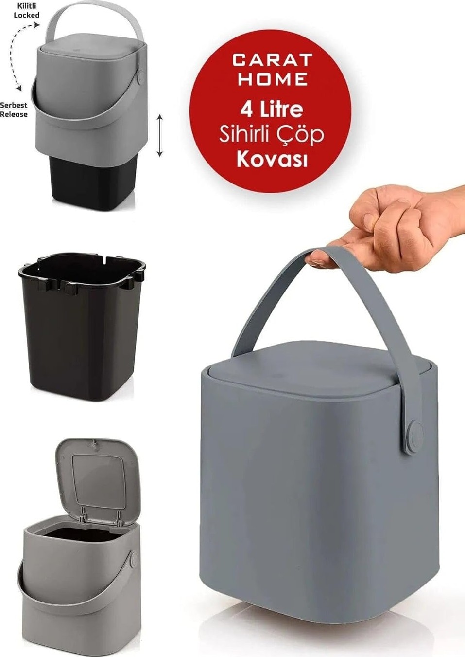 OEM Tutma Saplı Iç Kovalı Tezgah Üstü Mutfak Çöp Kovası, 4 Litre, Kilitli Kapak, Click Kapak, 20X20X22 cm (Gri, 4 Litre) görsel 4