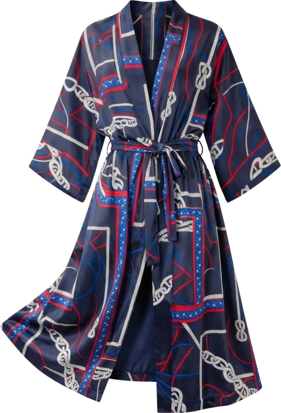 Retrobird Tasarım Marin Zincir Desen Uzun Kimono Kadın Lacivert
